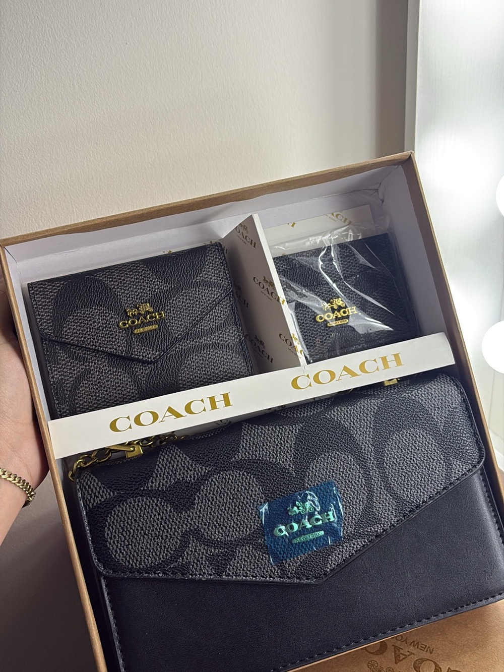 Coach Women’s Wallet & Card Holder Set – Black Signature